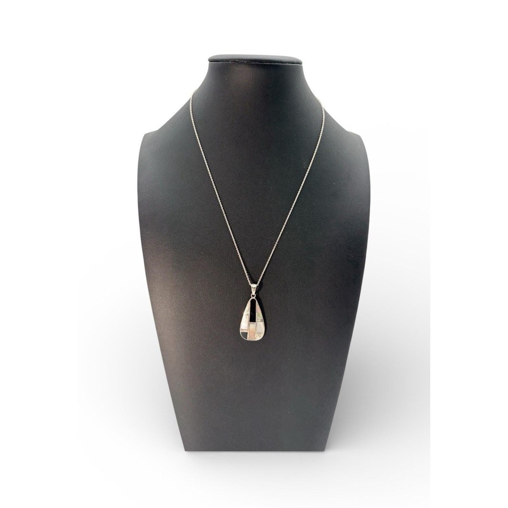 Vintage Sterling Silver 925 Teardrop Onyx MOP Abalone Pendant on‎ 18" Chain